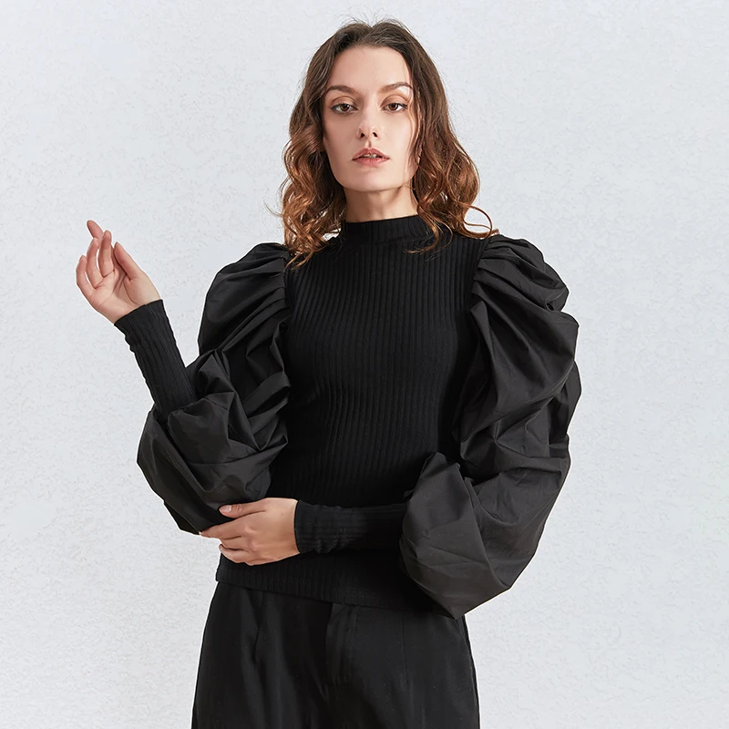 TWOTWINSTYLE Лоскутные вязанные женские свитера с круглым вырезом и пышным длинным рукавом, туника с рюшами, женский свитер, модная одежда