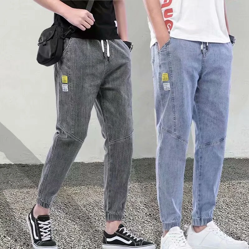 

Gray Blue Baggy Jeans Drawstring Waist Jeans Men Streetwear Elastic-Pants-Mouth Kpop Clothes Hip Hop Wide Leg Harajuku