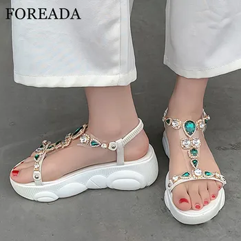 

FOREADA Woman Transparent Sandals T-strap Flat Platform Shoes Crystal Sandals Casual Ladies Footwear Summer Yellow Blue Size 46