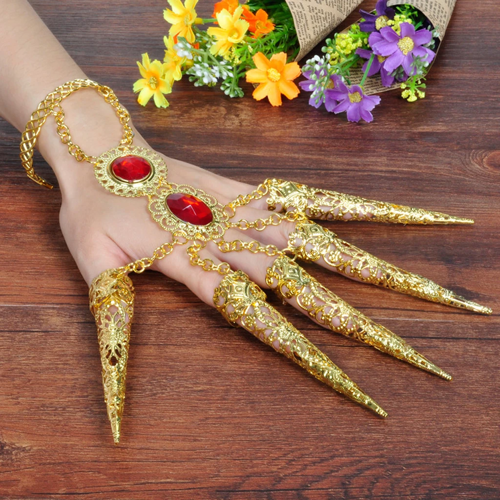 2x Girl Belly Dance Gold Bracelet 5 Finger Nails Thai Costume Hand Jewerlly