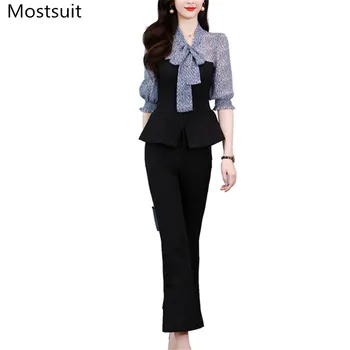 

2020 Summer Office Fashion Two Piece Women Sets Printed Bow Spliced Tops + Flare Pants Outfits Korean Workwear Ladies 2 Pcs Sets