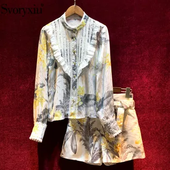 

Svoryxiu Designer Fashion Autumn Shorts Two Piece Set Women's Elegant Long Sleeve Embroidery Ruffles Blouse + Shorts Suits