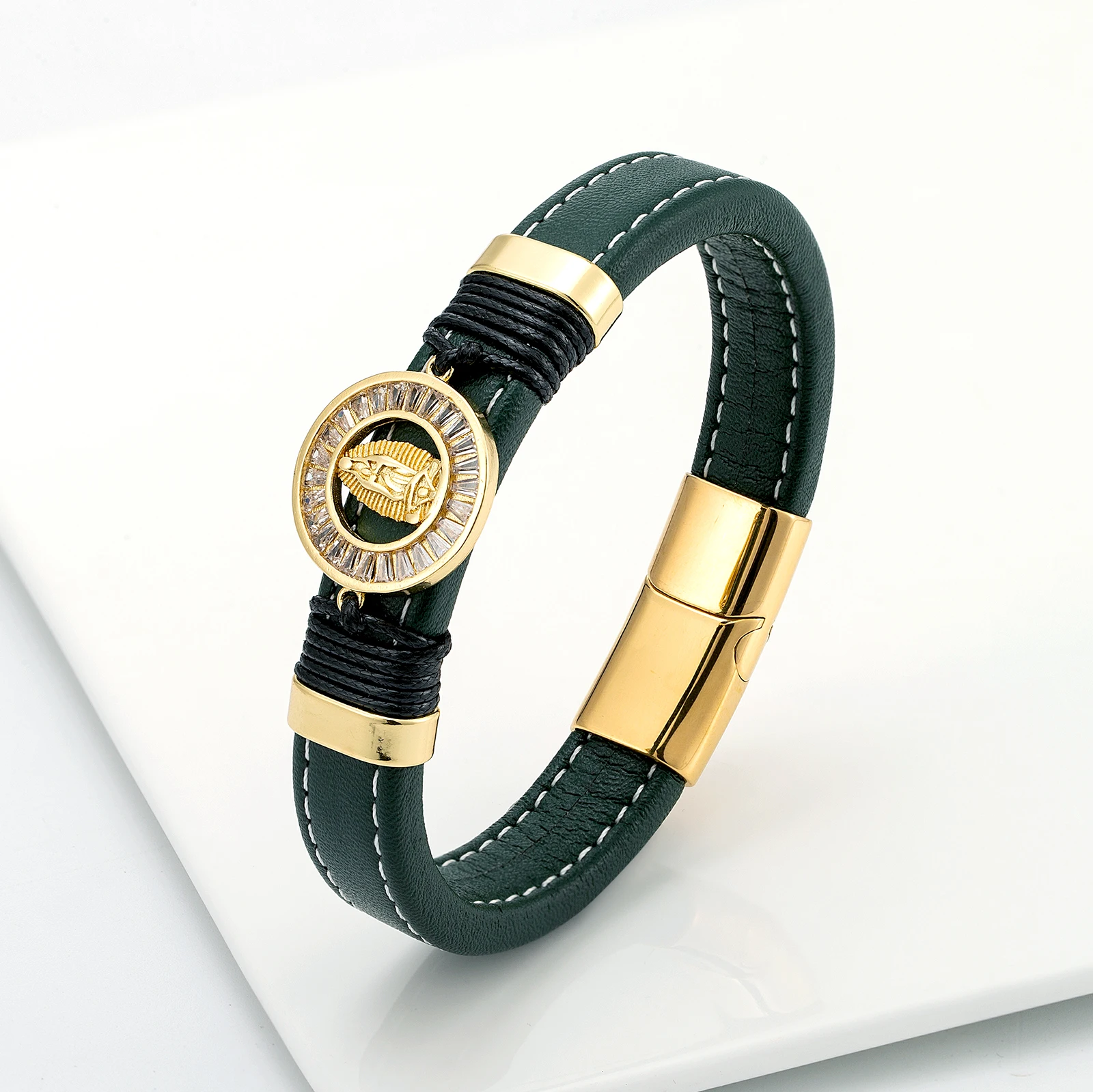 Fashion Match Micro Inlaid Zircon Virgin Goddess Charm Leather Bracelet Unisex Design Stainless Steel Bracelet bracelet jewelry