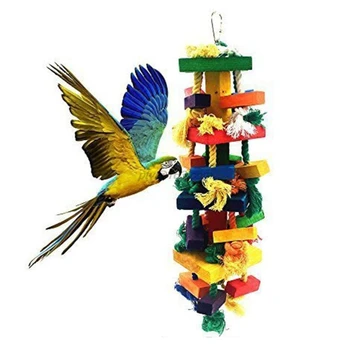 

Colorful Bird Wood Block Swing String Stand Hanging Chewing Hollow Ball String Foraging Fun Parrot Toy for African Grey