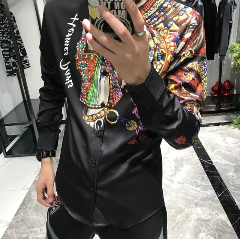 

Europe Men Black Shirt Long Sleeve Regular Horse Print Shirts Male Fashion City Social Camisa Slim Fit Clothing Autumn M-3XL