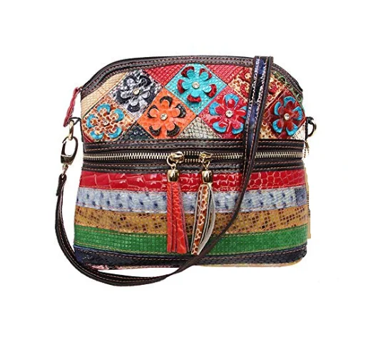 Women Multicolor tassel handbag Small Bag Genuine Leather Colorful Floral Shoulder Bag Cross body Mini Shopping Bag