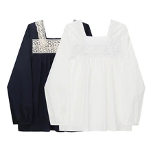 

New Spring Solid Color Square Collar Lace Edge Stitching Puff Sleeve Thin Section Shirt Female Lantern Sleeve Tops Small Fresh