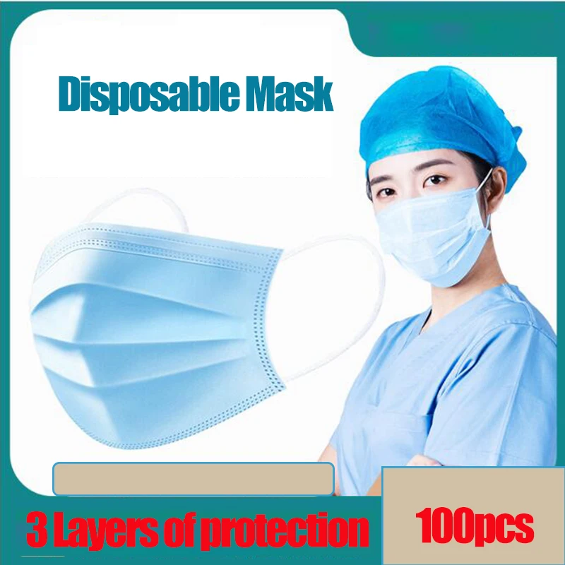 

100PCS Protective Mask Protect 3 Layers Non Woven Disposable Antivirus Mask Dustproof Earloop Face Mouth Masks Adult In Stock