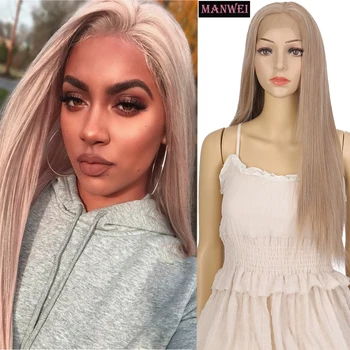 

MANWEI Cosplay silver gray long straight hair lace synthetic front wig gray blonde long hair no glue front lace wig female