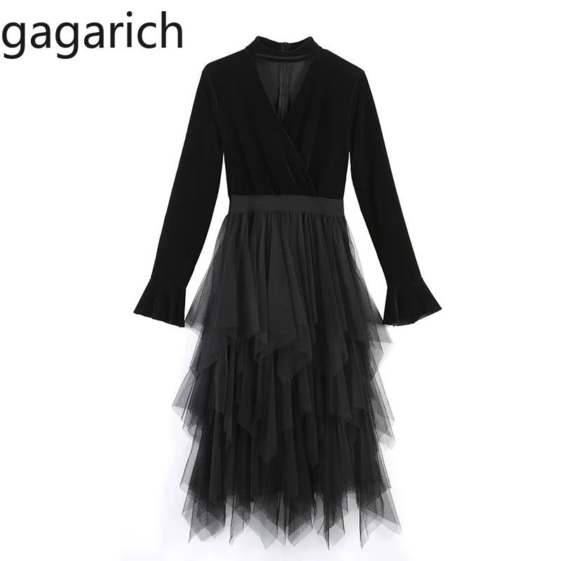 

Gagarich Women Dress Elegant Slim Midi Irregular Mesh Yarn Stitching Velvet Long Sleeve V-neck Plus Size Female Dresses