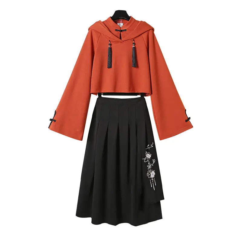 Women's Spring Chinese Style Suit Sweatshirt + Long Skirt Two-piece Suit Hoodies Causal Ladies Clothing