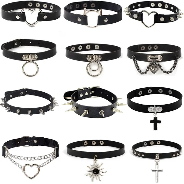 New Cosplay Harajuku Punk Rock Gothic Collar Choker Sexy PU Leather Heart Cross Spike Collar Choker Necklace Body Accessories