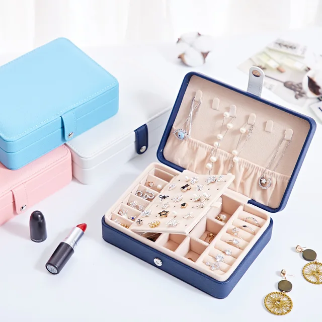 Jewelry Casket Buttoned Jewelry Box Earring Holder Makeup Organizer Ring Box Beauty Travel Box Mirrored Portable Makeup Storage 3