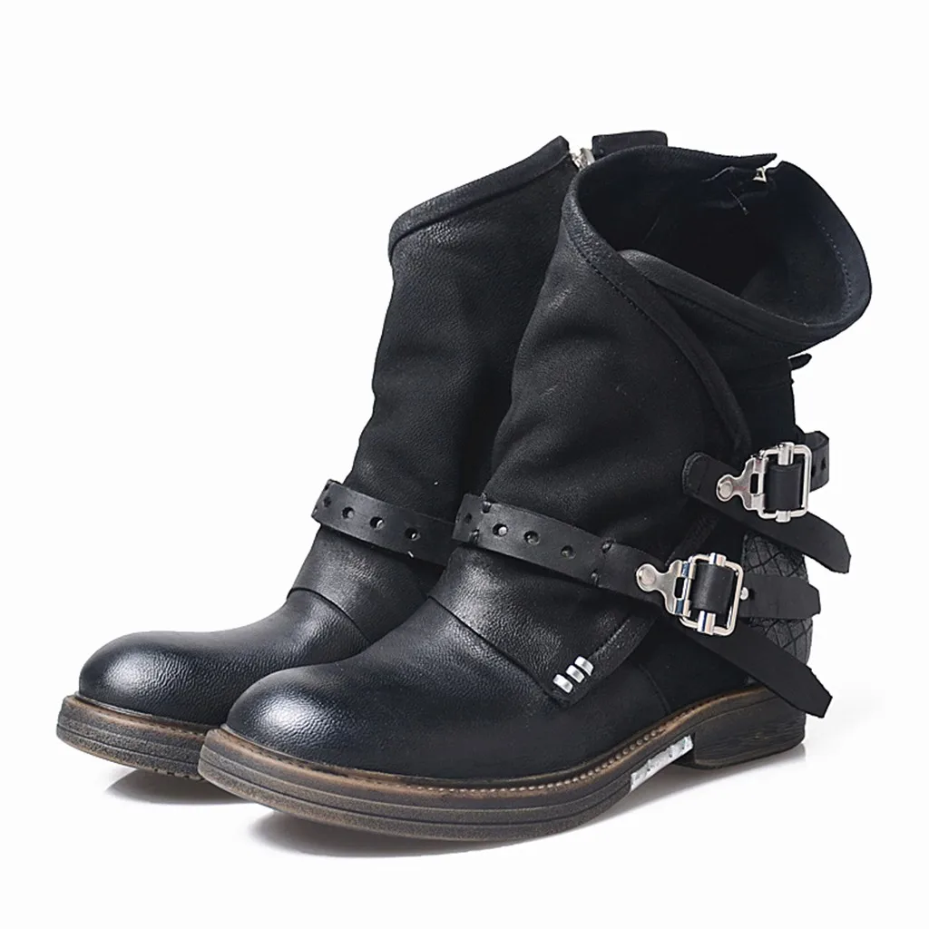 

Women Punk Motorcycle Boots Leather Ankle Boots Lady Autumn Short Boot Buckle Strap Fashion Knight Martin Boot Low Heel Shoes
