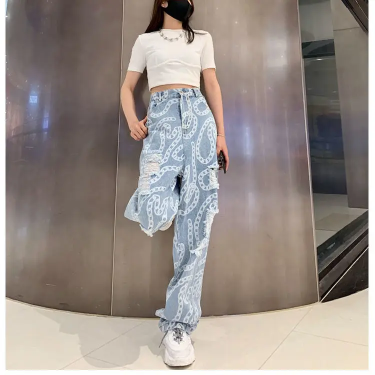 High waist wide leg hole jeans women 2021 spring and summer new fashion handsome straight jeans pants