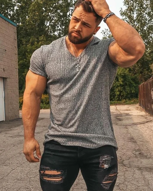 Men V Neck Short Sleeve T Shirt Fitness 
