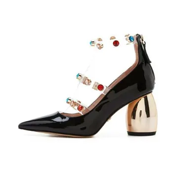 

Luxury Design Studded Metal Round Heel Women Shoes Pointed Toe Transparent Belt Rivet High Heels Patent Leather Ladies Pumps