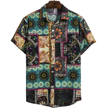 

Hawaiian Shirts Linen Shirts Men Lump Chest Button Short Sleeve Round Hem Casual Loose Shirts Tie Henley Men Shirt Summer Tops