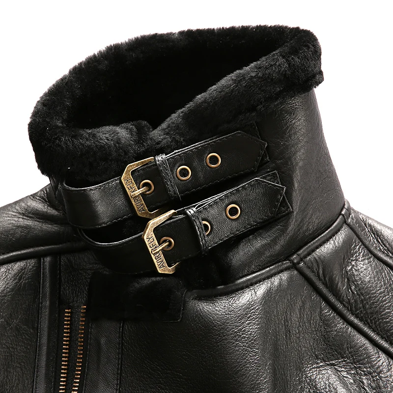 AVIREXFLY super quality warm genuine sheepskin fur jackets Male winter autumn shearling bomber jacket vintage large size coats
