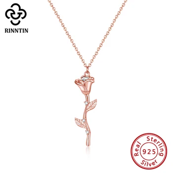 

Rinntin Pure 925 Sterling Silver Necklace Rose Gold Plated 65MM Rose Shape AAAA Zircon Pendant Accessories For Female TEQN06