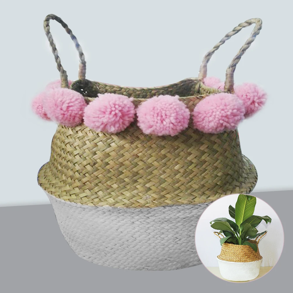 Винтажные помпоны Pom плантатор Детский натуральный Seagrass с ручкой декоративный живот складной ручной вязаные игрушки корзина для хранения дома
