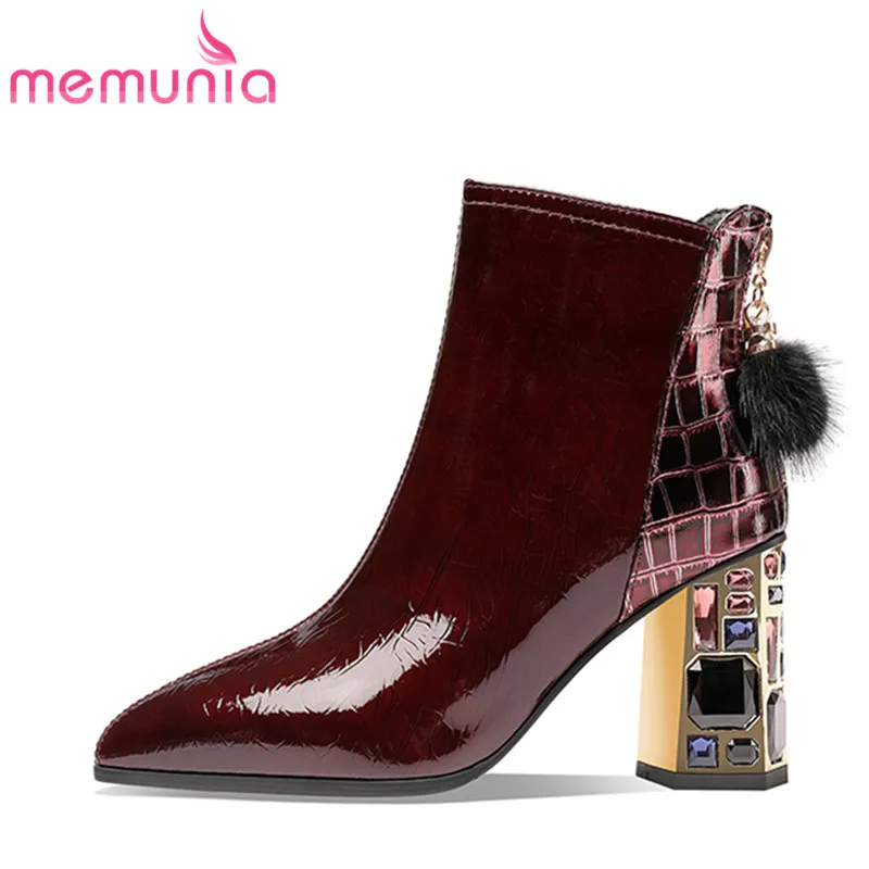 

MEMUNIA New Arrive Patent Leather Ankle Boots For Women Square Heel Casual Shoes Pointed Toe Fashion Short Boots Female
