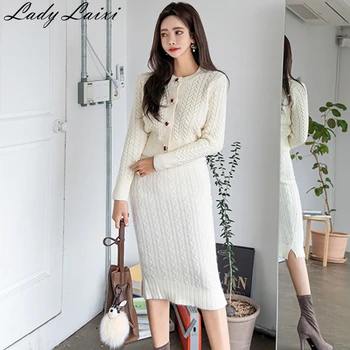 

2020 Spring Korean Elegant Twisted 2 Piece Set Women Single-breasted Knitted Sweater Cardigan + Pencil Bodycon Skirt Set
