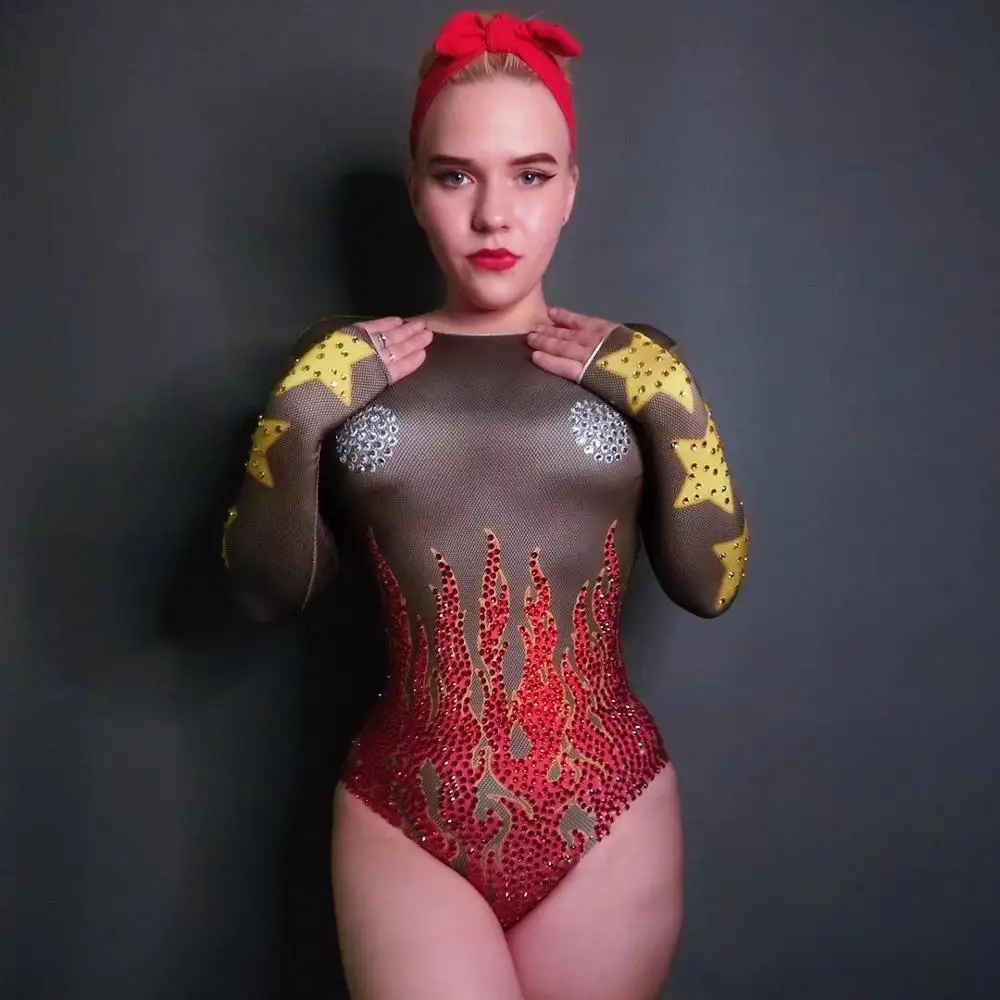 

Sexy Fire Pattern Stones Leotard Costume Singer Sexy Rhinestones Bodysuit Nightclub Outfit Party Wear Stretch Outfit