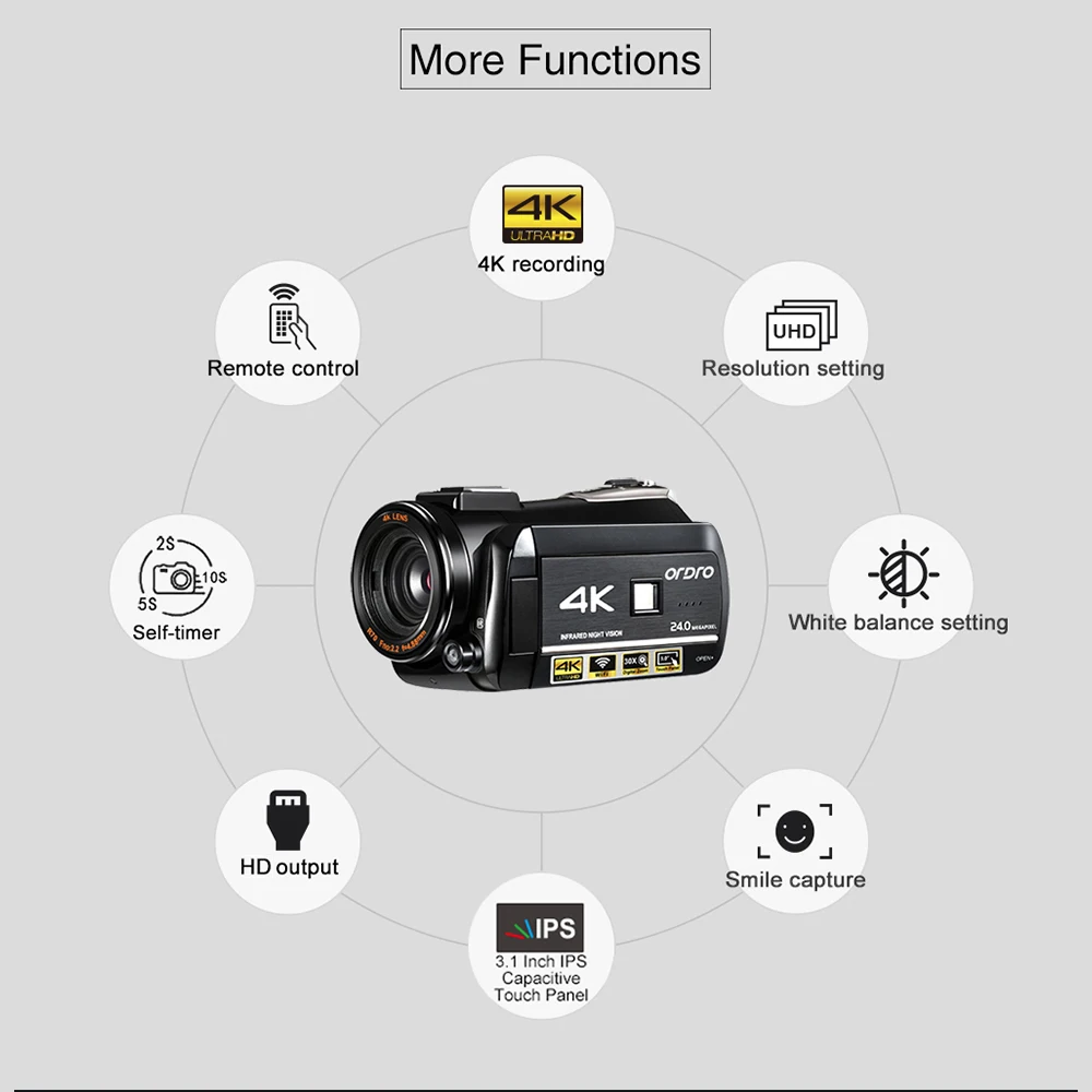 ORDRO AC3 4K 24MP WiFi Digital Video Camera Camcorder DV 3.1 Inch IPS LCD Touchscreen with 2*Batteries+Lens+Microphone+Lens Hood |
