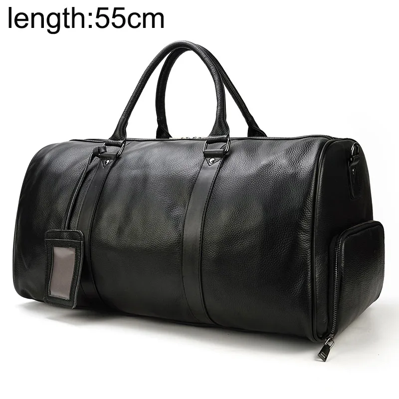 Большая емкость, натуральная коровья кожа, мужские дорожные сумки, подходят для ноутбука 16 дюймов, сумка из воловьей кожи, багаж, для отпуска, большая сумка через плечо - Цвет: black(55cm)