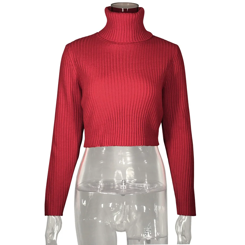 

Red Turtleneck Long Sleeve Crop Sweater Women Knitted Pullovers Autumn Clothes Women Knitwear Jumper