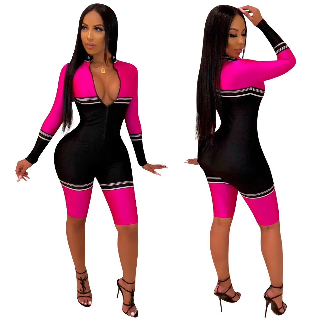 Лето-осень Для женщин комбинезон Bodycon игровой костюм спортивный костюм комбинезон комбинации Большой размер с длинными рукавами в стиле пэчворк пикантные комбинезоны