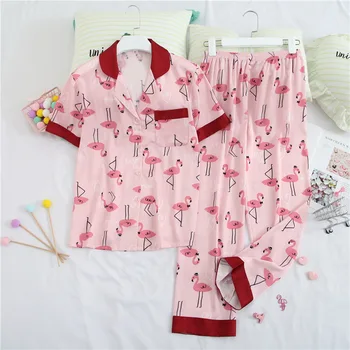

Pajamas 2020 Summer New Sleep Set Women Pijamas Suit Cartoon Nightwear Intimate Lingerie Casual Satin Nightgown Home Clothing