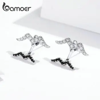 

bamoer Seagull on the Sea Stud Earring with Jackets Clear Black CZ Crystal Ear Studs 925 Sterling Silver Luxury Jewelry GXE699