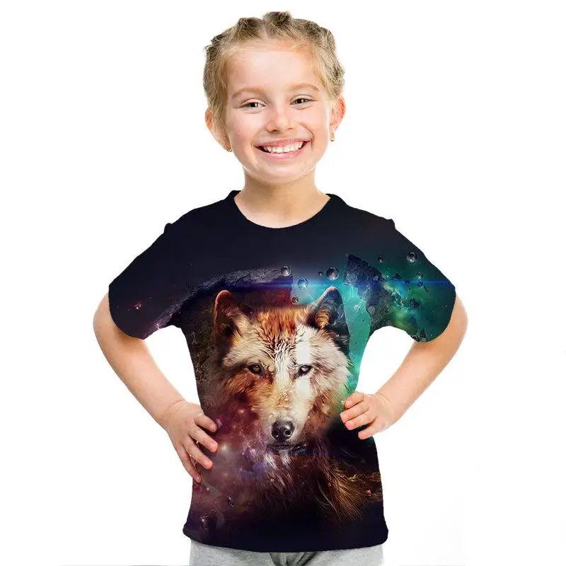Camiseta de manga corta con estampado de lobo de leopardo de manga corta para nios y nias con estampado 3D De Len animal