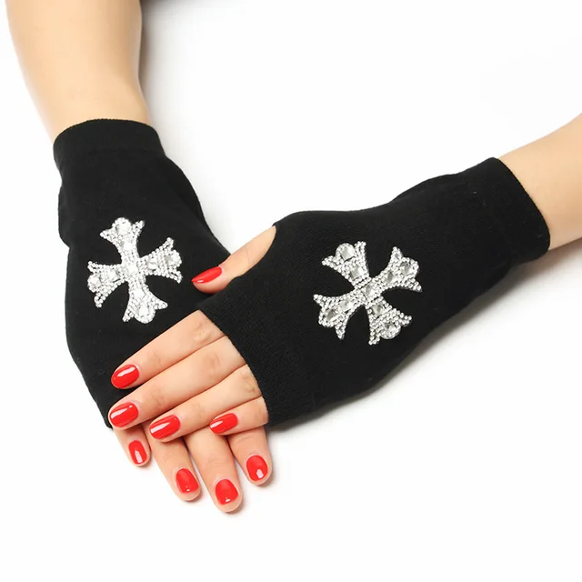 Sailor dance gloves Rivet wool gloves spring and autumn black half-finger gloves show gloves cross