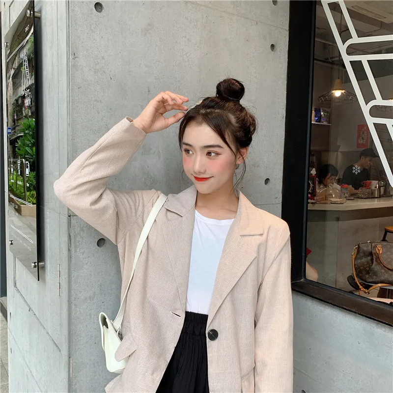 Photo Shoot Autumn New Style Korean-style Loose-Fit BF Style Retro Thin Stripe GIRL'S Long Sleeve Suit Jacket Women's