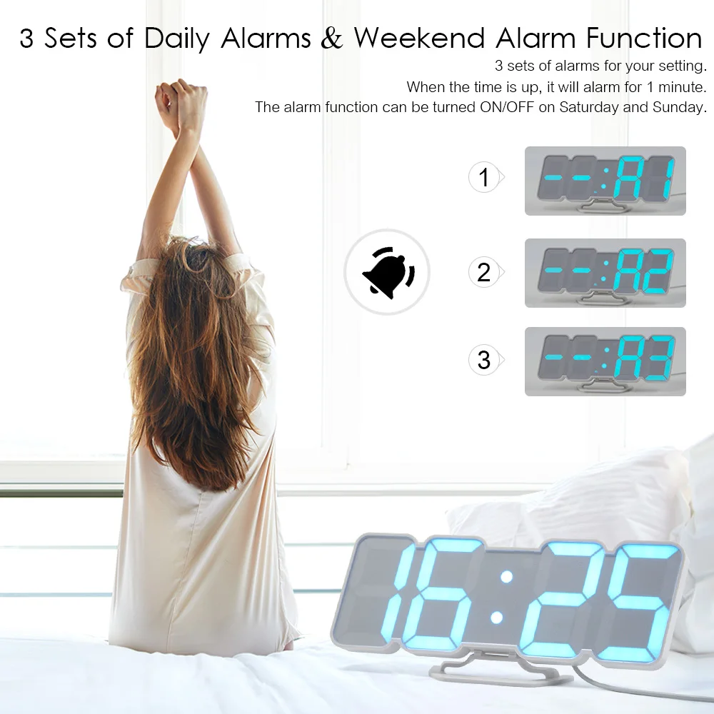 3D Wireless Remote Digital RGB LED Alarm Clock USB Powered Time/Temperature/Date Display 115-Color Changing