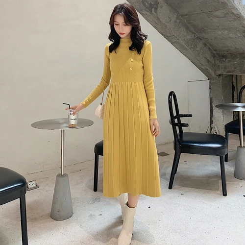 Yellow Корейское платье-свитер женские вязаные платья элегантные женские с высокой талией свитера платья женские свитера с высоким воротом платье плюс размер платье женское вязаное платье платье женское трикотажное платье - Цвет: Yellow