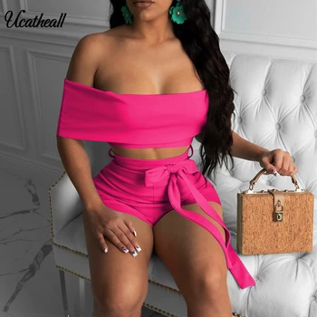 

Womens Two Piece Set Summer Off Shoulder Crop Top + Shorts Set Solid 2 Piece Short Sets For Women Two Piece Outfitswiht Belt