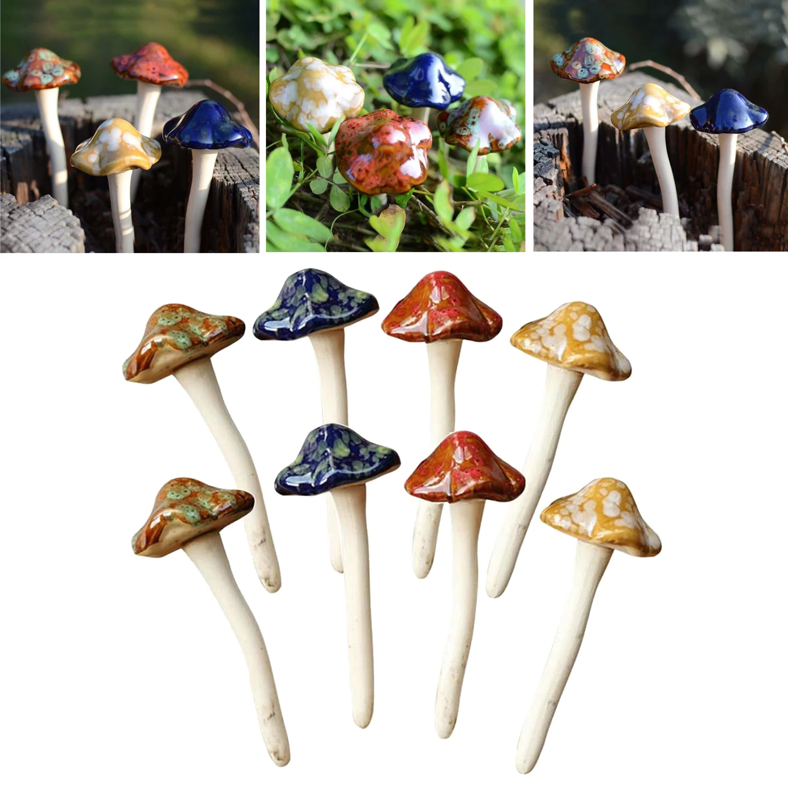Garden Decor, 8pcs Colorful Ceramic Mushroom for Garden, Yard, Fairy Garden - Lawn Ornament Decor, Pottery Ornament