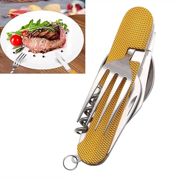 

6 In 1 Camping Multi-function Tableware Portable Pocket Folding Knife Fork Spoon Stainless Steel for Outdoor Picnic Travel