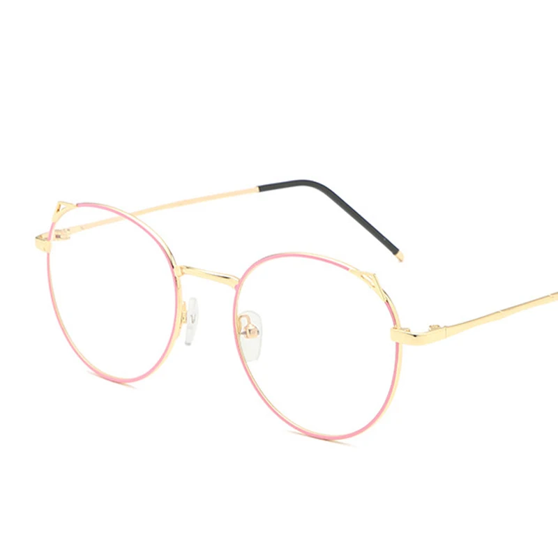 IBOODE Cat очки с ушками оправа для женщин и мужчин круглые прозрачные очки с прозрачными защитными стеклами металлические очки студенческие оптические очки оправа - Цвет оправы: Pink Gold