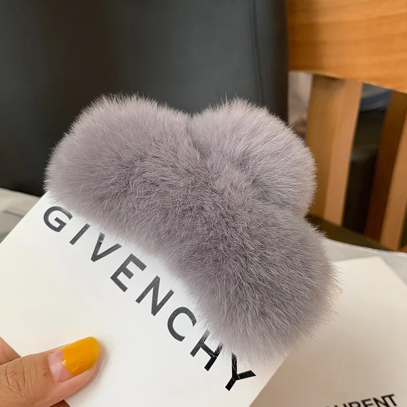 Luxury Fur Rex Rabbit Large Barrette Crab Hair Claws Women Large Size Hair Clamps Claw Clip Crab Chic Hair Accessories Gift hair bow for ladies Hair Accessories