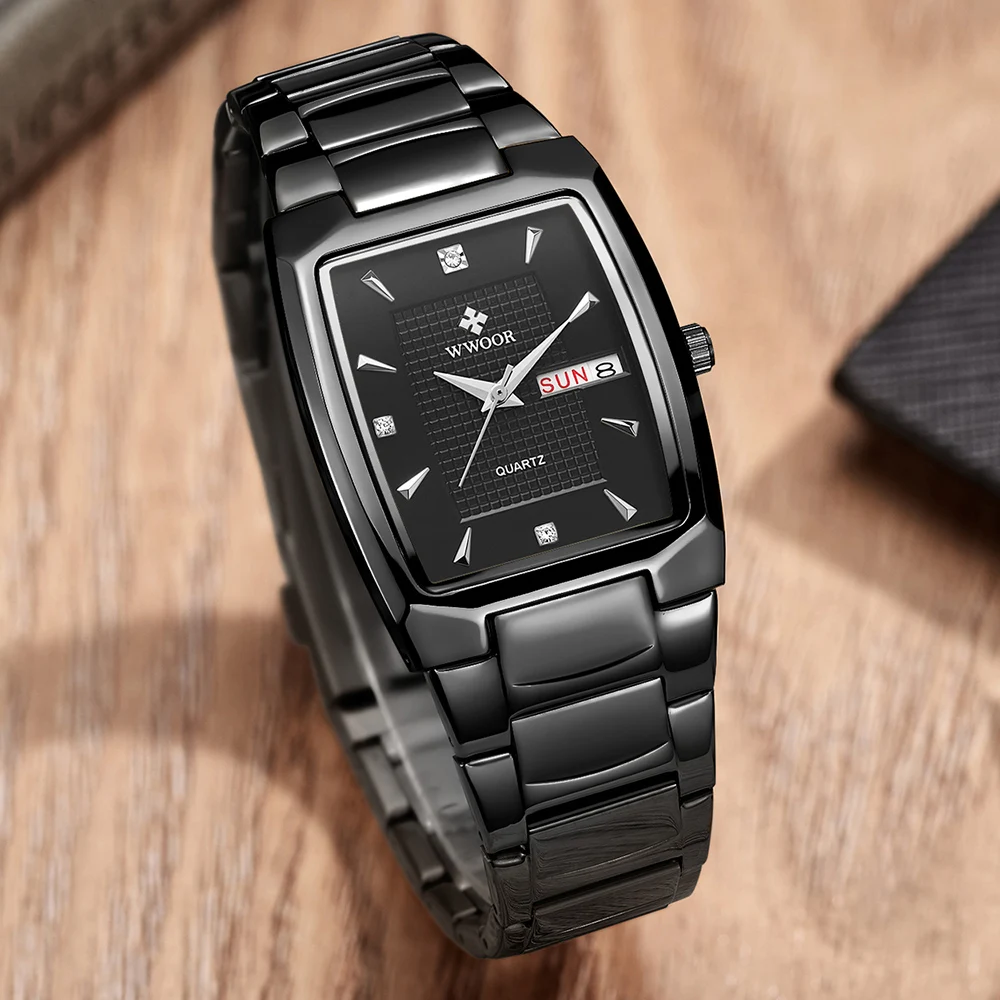 WWOOR Luxury Man Wristwatch Business Stainless Steel Quartz Men Watch Waterproof Date Square Fashion Men's Watches Clock Gifts
