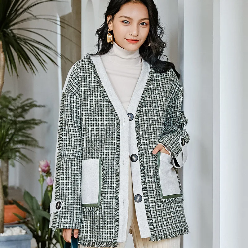 

LANMREM 2020 Cotton tassels ladies jacket new Korean single-breasted long-sleeved women's loose plaid coat PC006