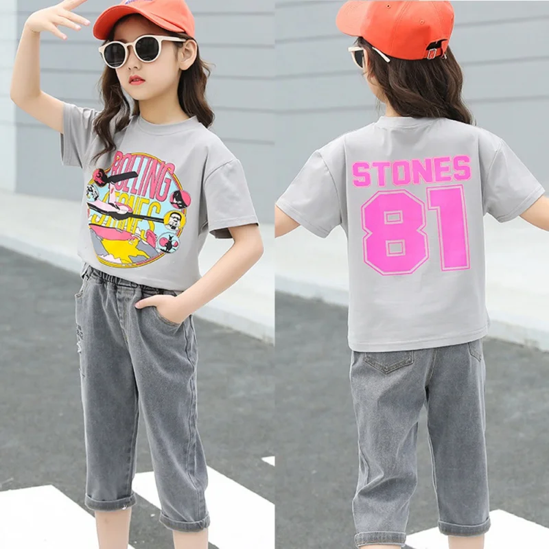 

2Pcs/Set Summer Baby Girls Casual Fashion Short Sleeve Cartoon Print T-shirt Tops+Cropped Pants Suits