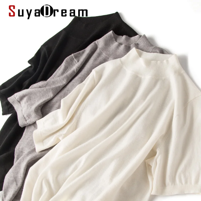 Women Wool Pullovers Half Sleeved Solid Stand