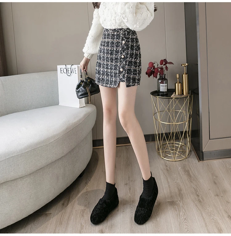 Autumn Winter Mini Tweed Skirt Women Elegant Plaid Skirts Ladies Fashion Korean High Waist Buttons Sexy Short Skirts Package Hip