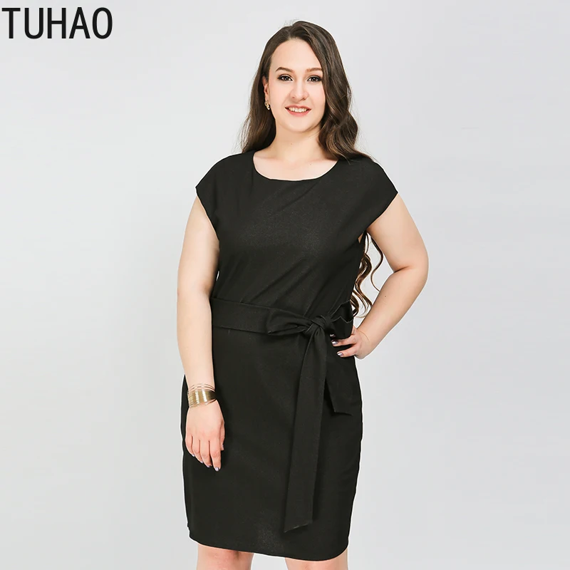 

TUHAO Plus Size 8XL 7XL 6XL DRESS 2019 Summer Elegant Black Office Lady Dresses Sheath Sashes Female Dress Women Vestidos LW117